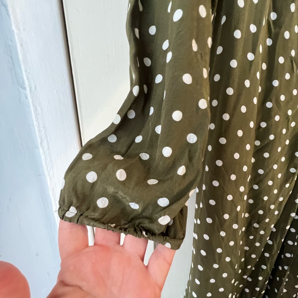 Lilysilk 100% Silk Polka Dot Wrap Midi Dress in Olive Green/White Sz L - Picture 6 of 10